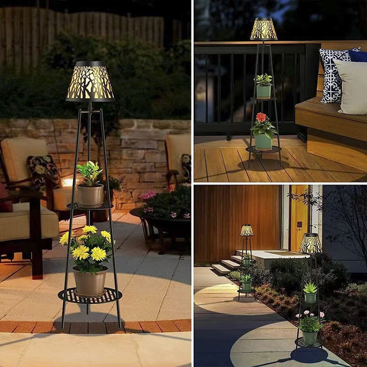 0.6W 5V metal outdoor patio shelf lantern light solar simple floor lamp Wind and waterproof shelf corner floor lamp with shelves