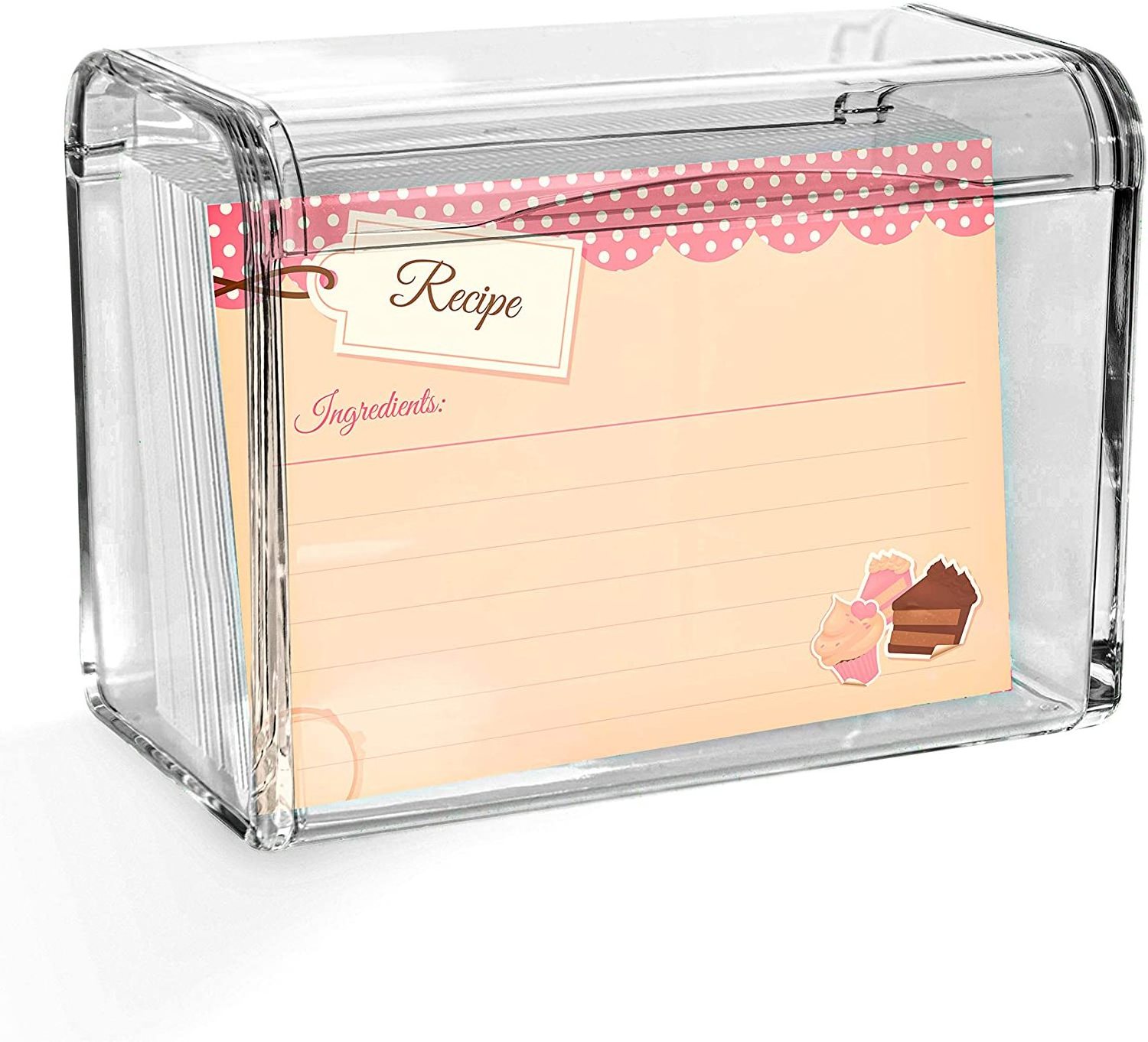 Modern Innovations Clear  Acrylic Recipe Holder  Box  with Hinged Lid Clear Holder for Recipe Cards Business Cards Notepads