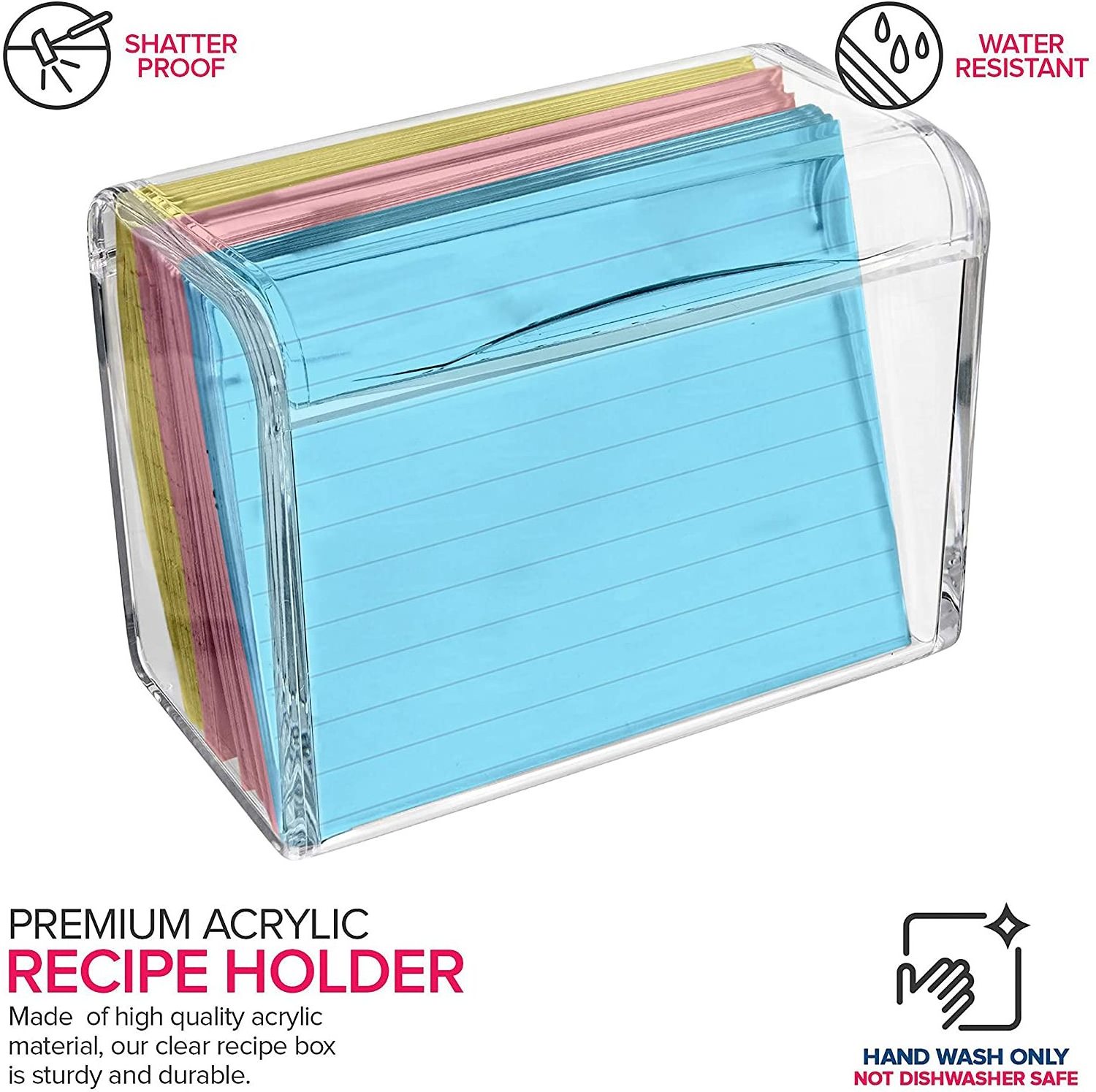 Modern Innovations Clear  Acrylic Recipe Holder  Box  with Hinged Lid Clear Holder for Recipe Cards Business Cards Notepads