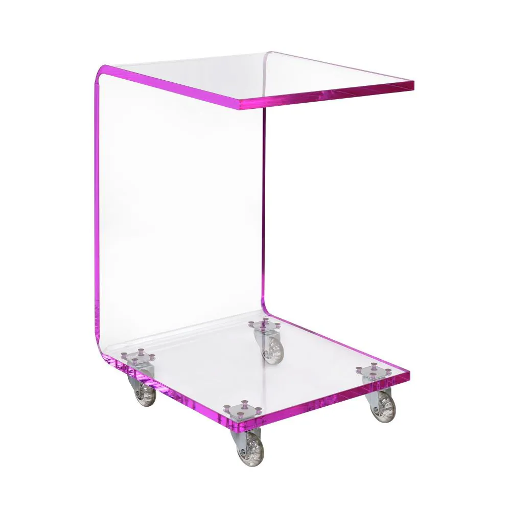 Lucite bed sofa side table coffee table Peek Pink Acrylic C Shape Accent Sofa Side Table with Casters