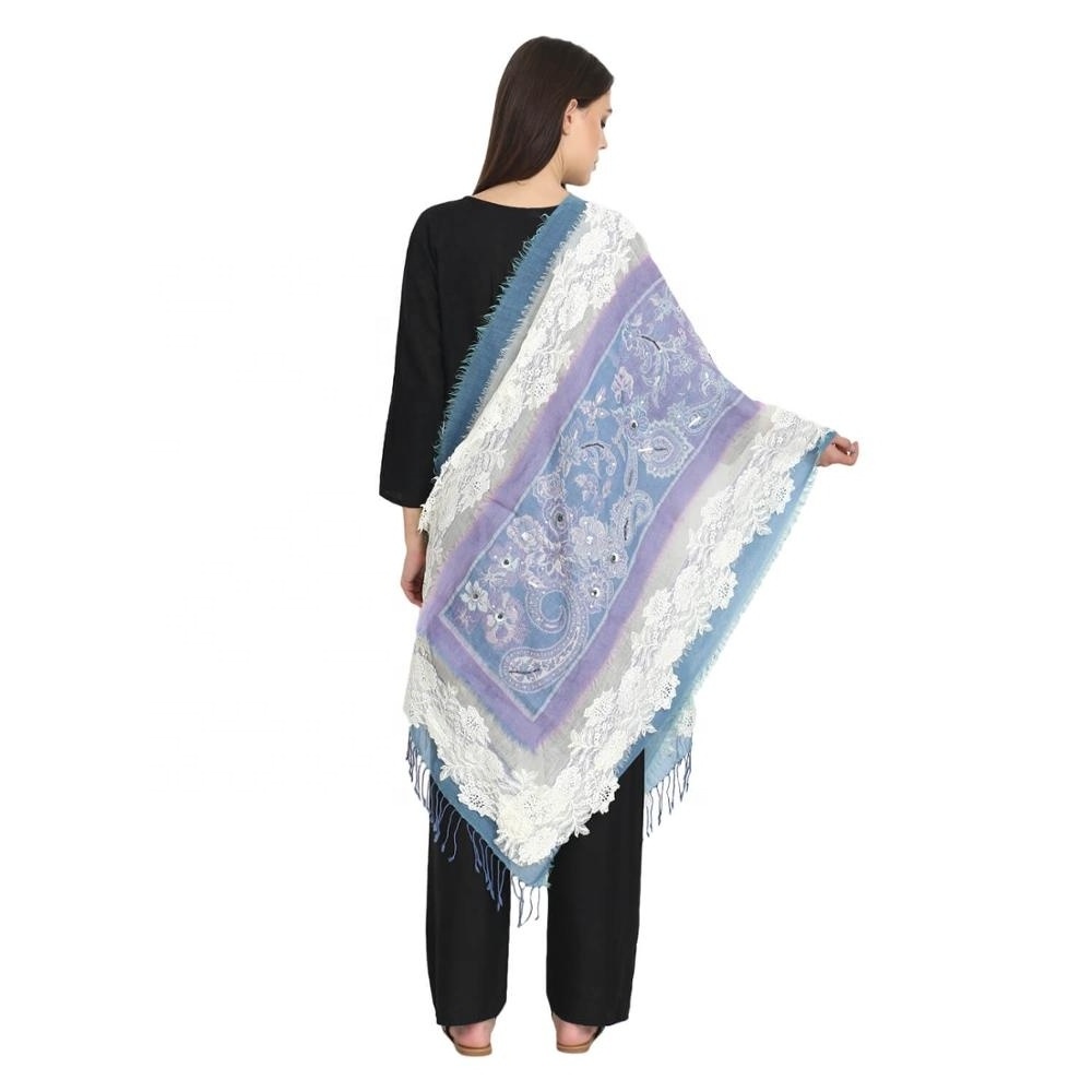 Designer MULTIPLECOLORED LILAC VIOLET - SAPPHIRE BLUE LACE PATCH BORDER BOIL WOOL Scarf / Stole / Shawl