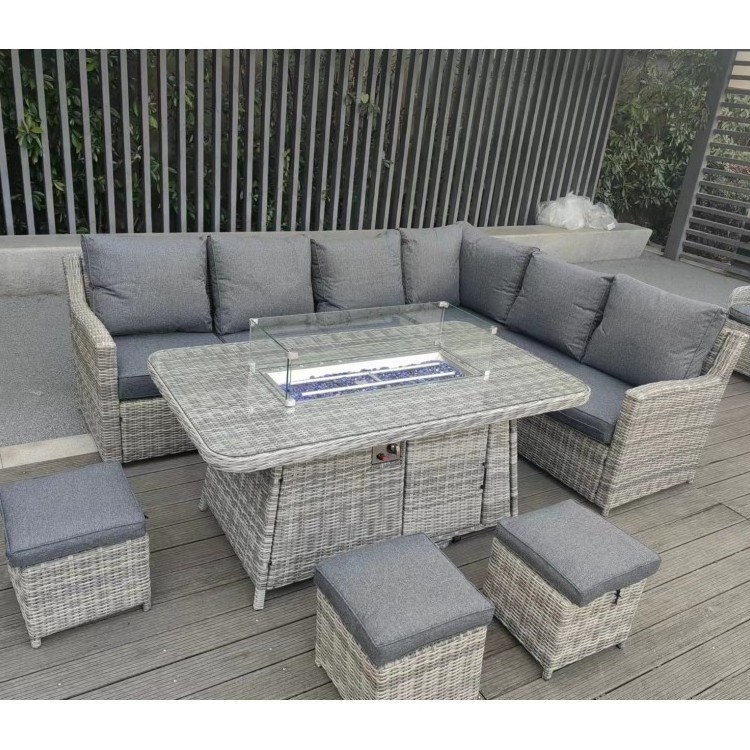 Sectional L shape corner wicker furniture garden rattan dining sofas and outdoor fire pit table