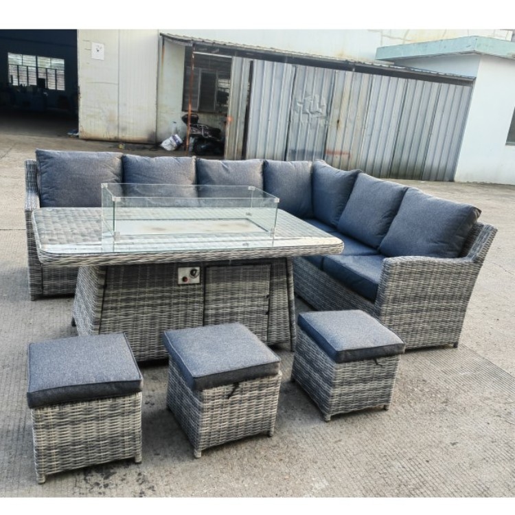 Sectional L shape corner wicker furniture garden rattan dining sofas and outdoor fire pit table