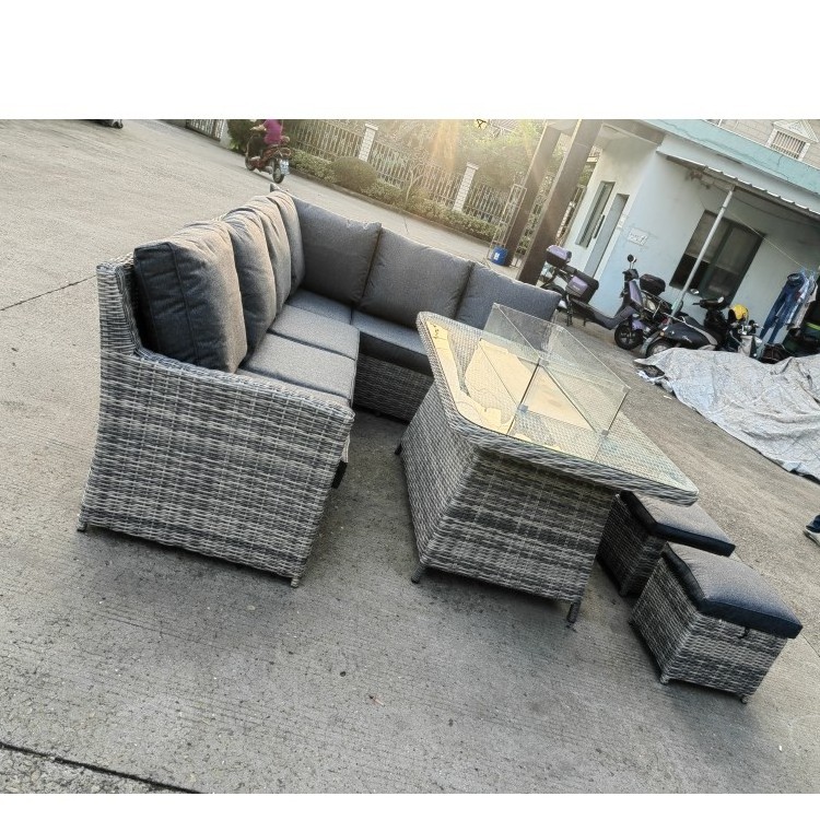 Sectional L shape corner wicker furniture garden rattan dining sofas and outdoor fire pit table