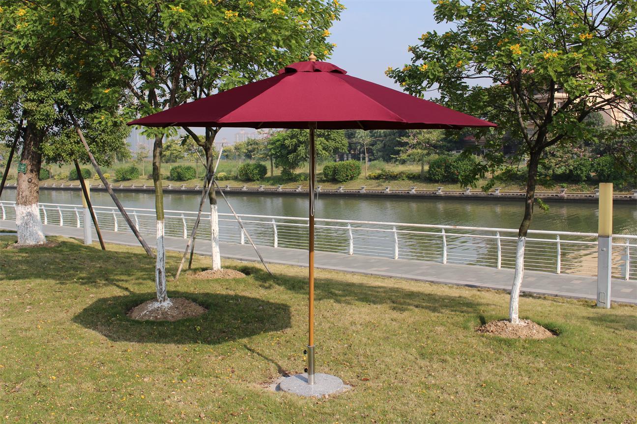 Wood like aluminium frame durable round shape red garden umbrella outdoor and marble base