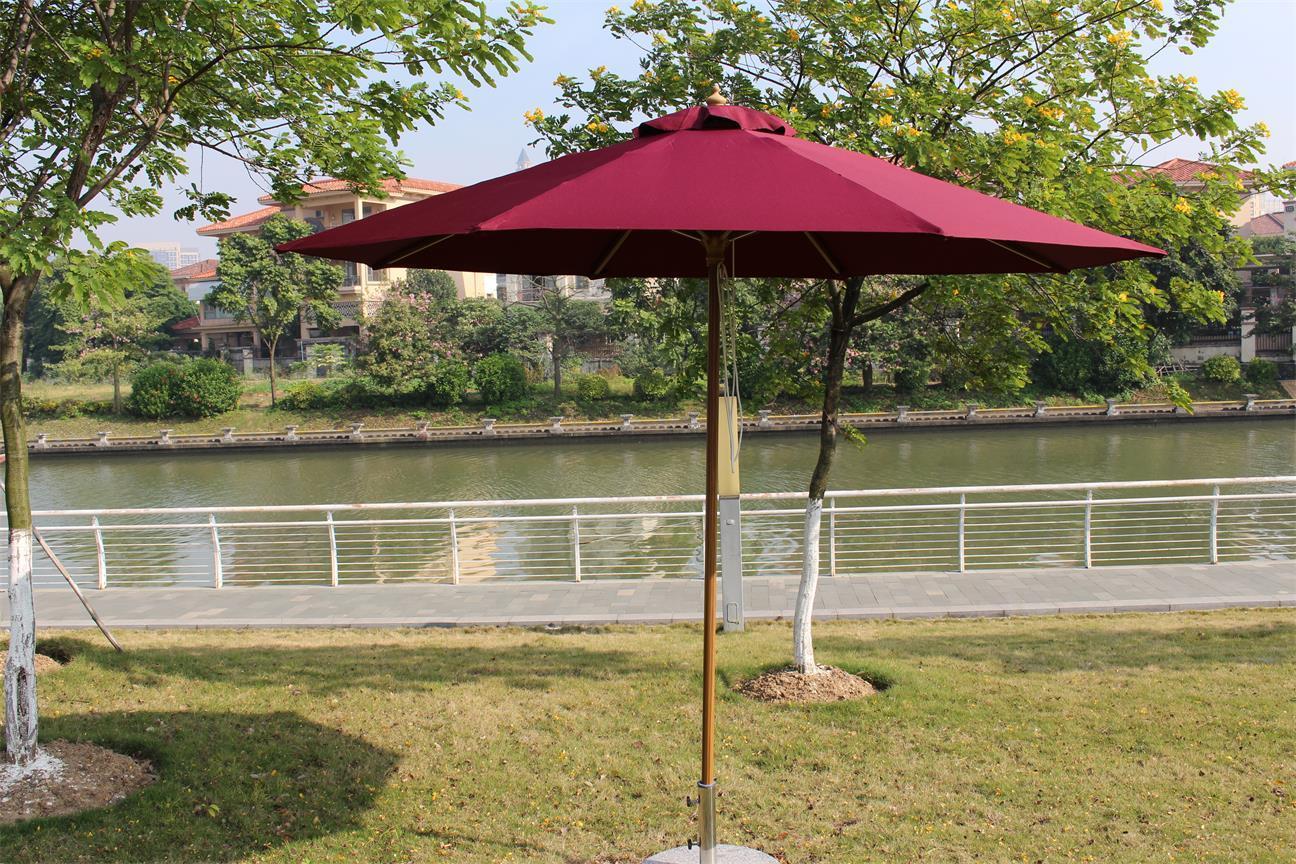 Wood like aluminium frame durable round shape red garden umbrella outdoor and marble base