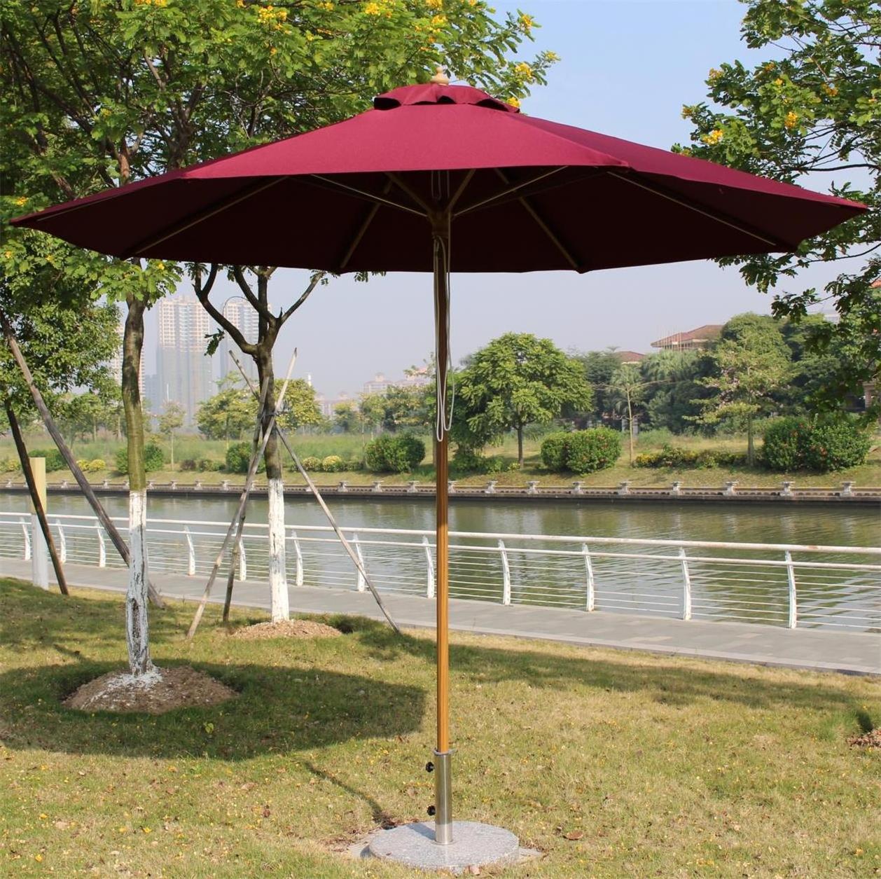 Wood like aluminium frame durable round shape red garden umbrella outdoor and marble base