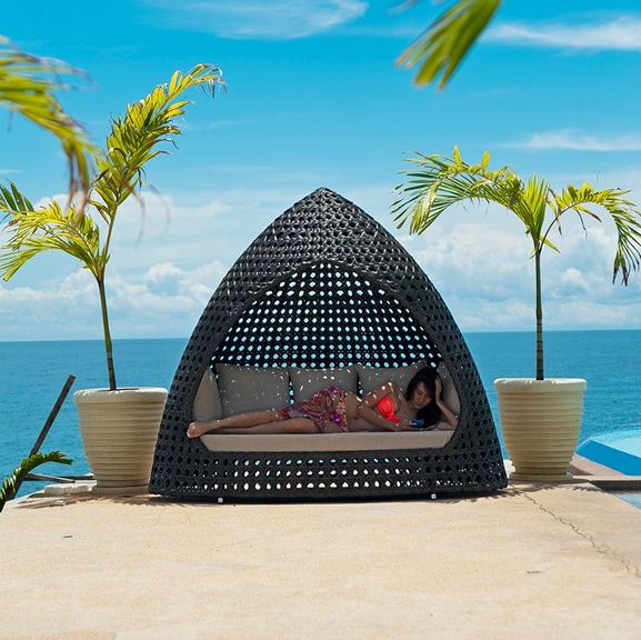 India style triangle shape 5 star hotel patio set rattan  outdoor lounger furniture outdoor cabana beds