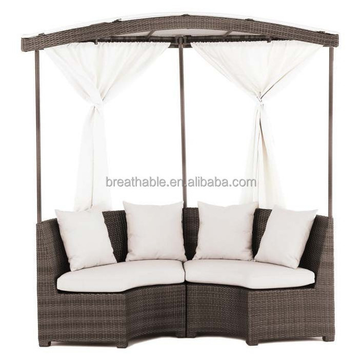 Tropical style beach restaurant leisure PE wicker furniture set rattan outdoor round sofa with canopy