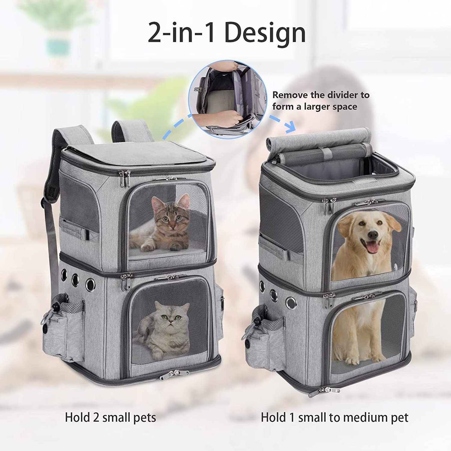 2-in-1 Double Pet Carrier Backpack with Wheels for Small Cats and Dogs