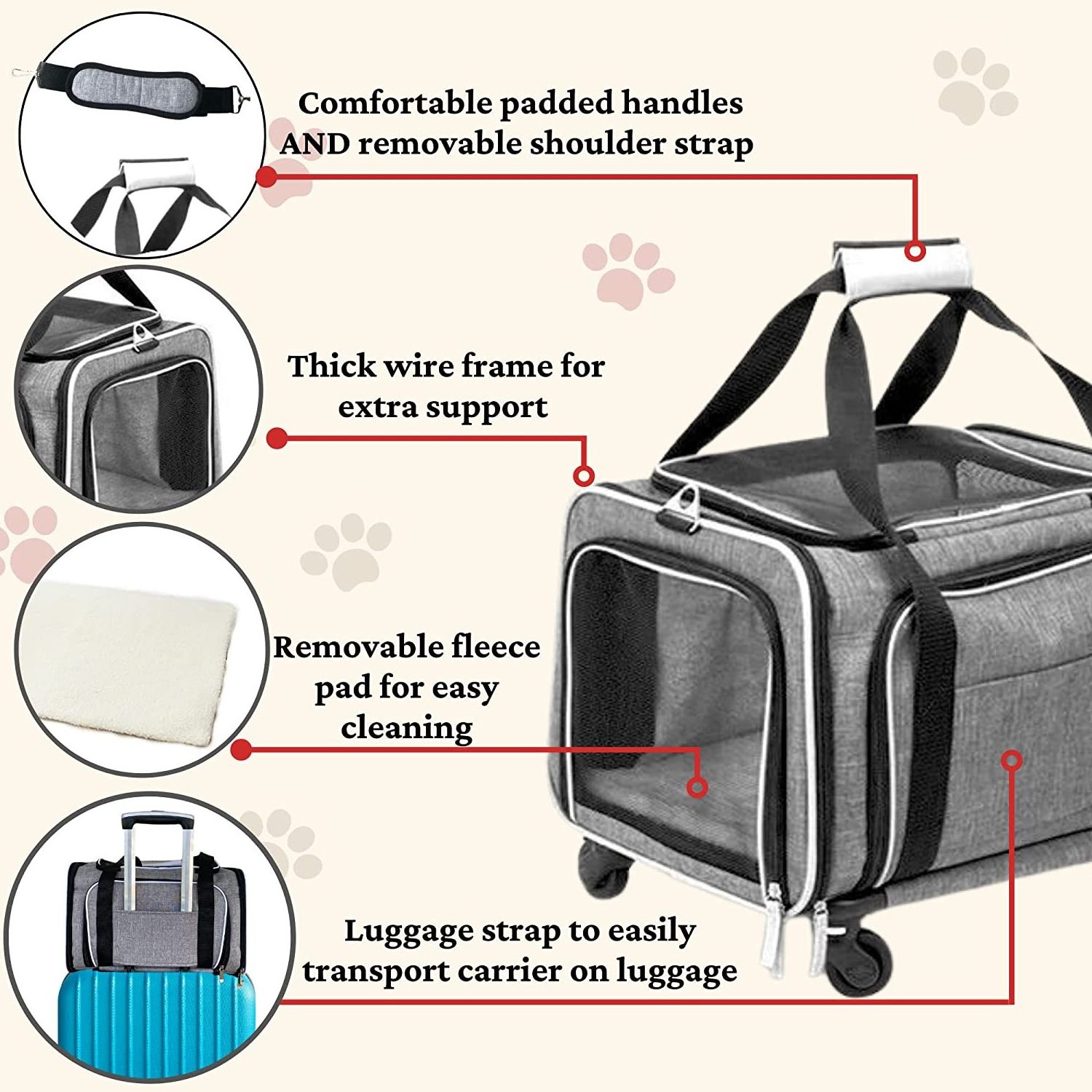 Airline Approved Extra Small Large Stroller Trolley Rolling Cat Pet Dog Carrier Bag With Wheels