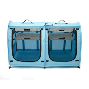 Portable Twin Compartment Show House Cat CageEasy to Fold Carry Kennel  Comfy Puppy Home Dog Travel Crate