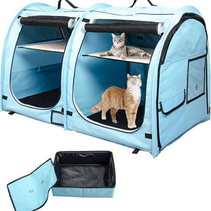 Portable Twin Compartment Cat Cage with Portable Carry Bag/Two Hammocks/Mats and Collapsible Litter Box