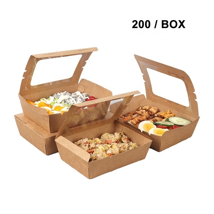 Factory Disposable Kraft Paper Lunch Food Salad Lunch Box With Window Takeaway Paper Box With Film For Fast Food Salad