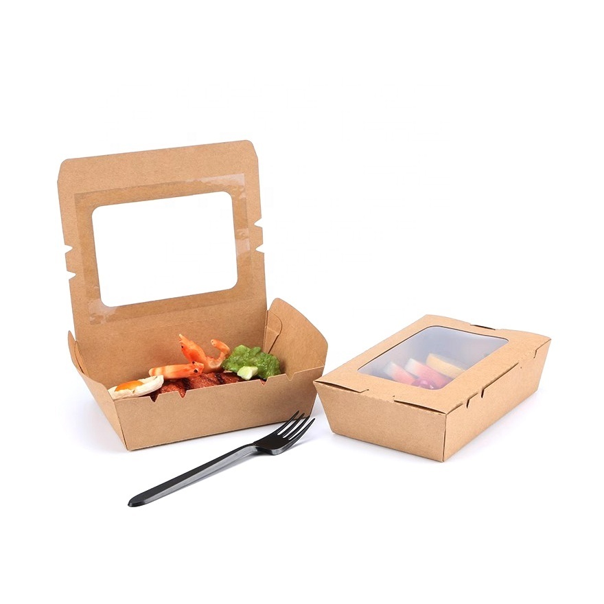 Factory Disposable Kraft Paper Lunch Food Salad Lunch Box With Window Takeaway Paper Box With Film For Fast Food Salad