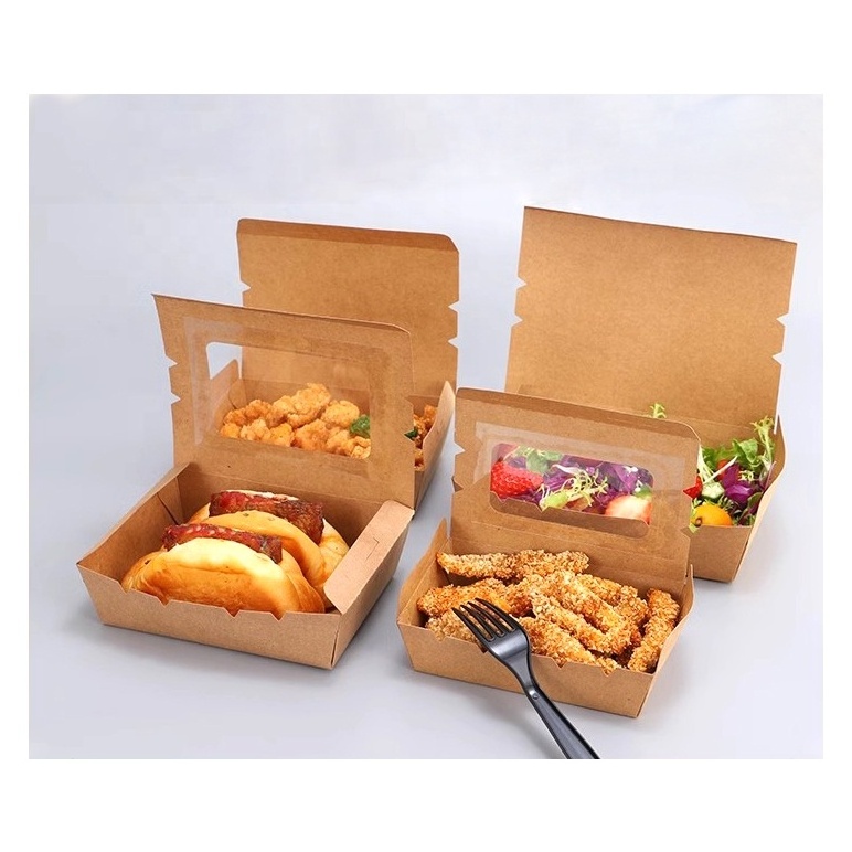 Factory Disposable Kraft Paper Lunch Food Salad Lunch Box With Window Takeaway Paper Box With Film For Fast Food Salad