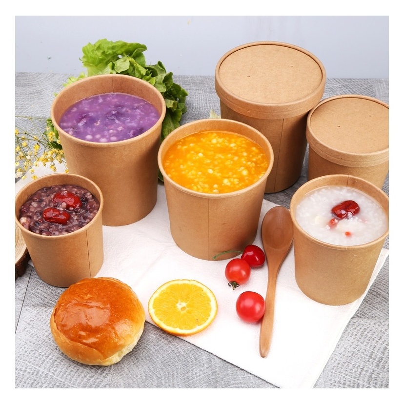 Custom Print Disposable Ramen Container Salad Paper Cup Soup Bowl With PP Lid And Paper Plastic Lid