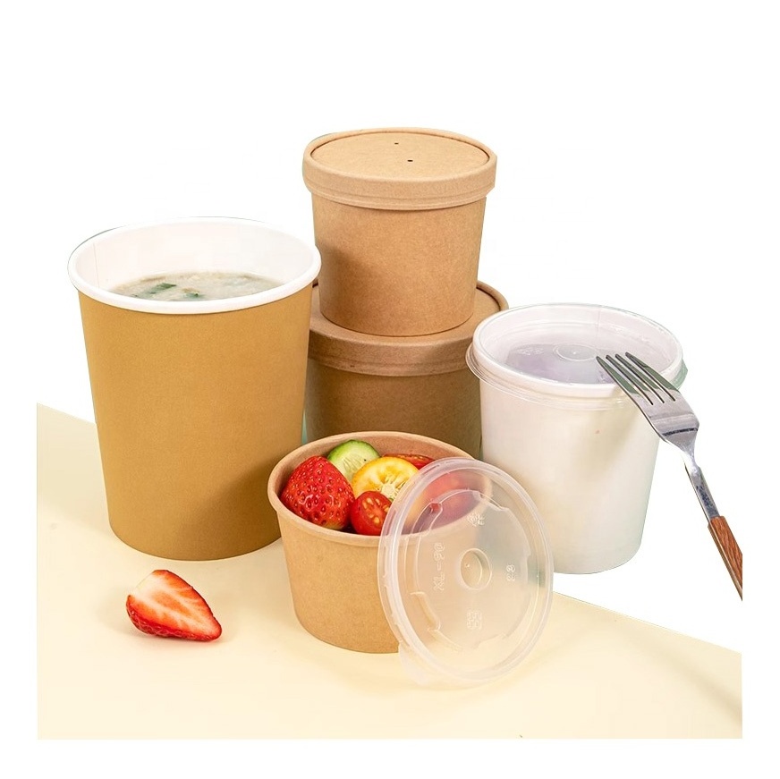 Custom Print Disposable Ramen Container Salad Paper Cup Soup Bowl With PP Lid And Paper Plastic Lid