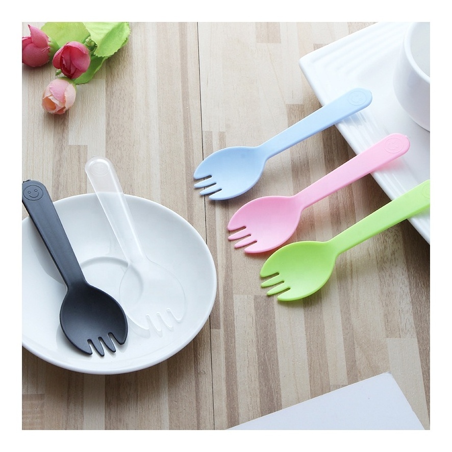 Wholesale Disposable Shaved Ice Clear Pink Blue Green Black Plastic Mini Ice Cream Salad Fruit Cake Dessert Fork And Scoop Spoon