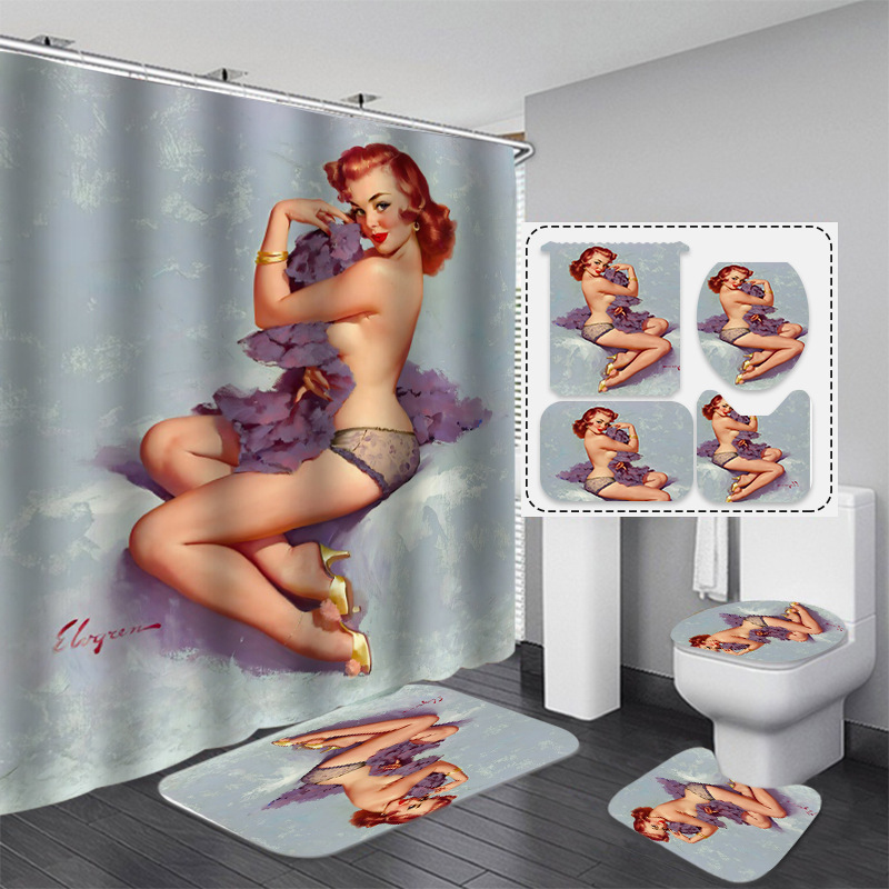 Shower Curtain Sexy Pretty Girl Bathing Design - Vintage Retro Pin Up Girls Bathroom Curtains Art Painting Decor Set