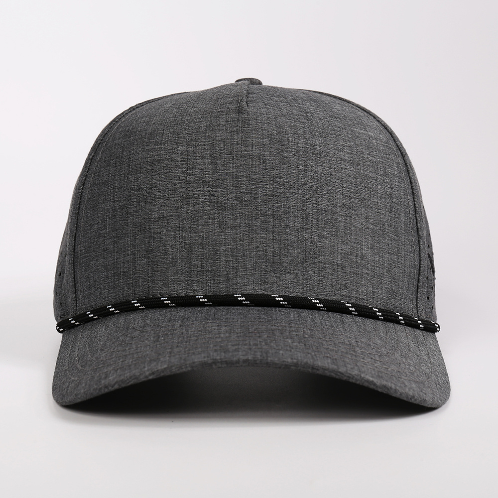 Wholesale Custom Mens Polyester 5 Panel Hat Laser Cut Hole Drill Embroidery Logo Baseball Cap With Rope