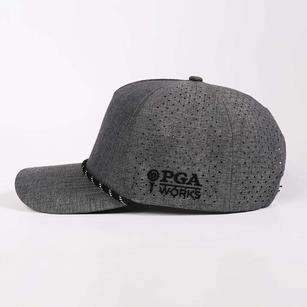 Wholesale Custom Mens Polyester 5 Panel Hat Laser Cut Hole Drill Embroidery Logo Baseball Cap With Rope