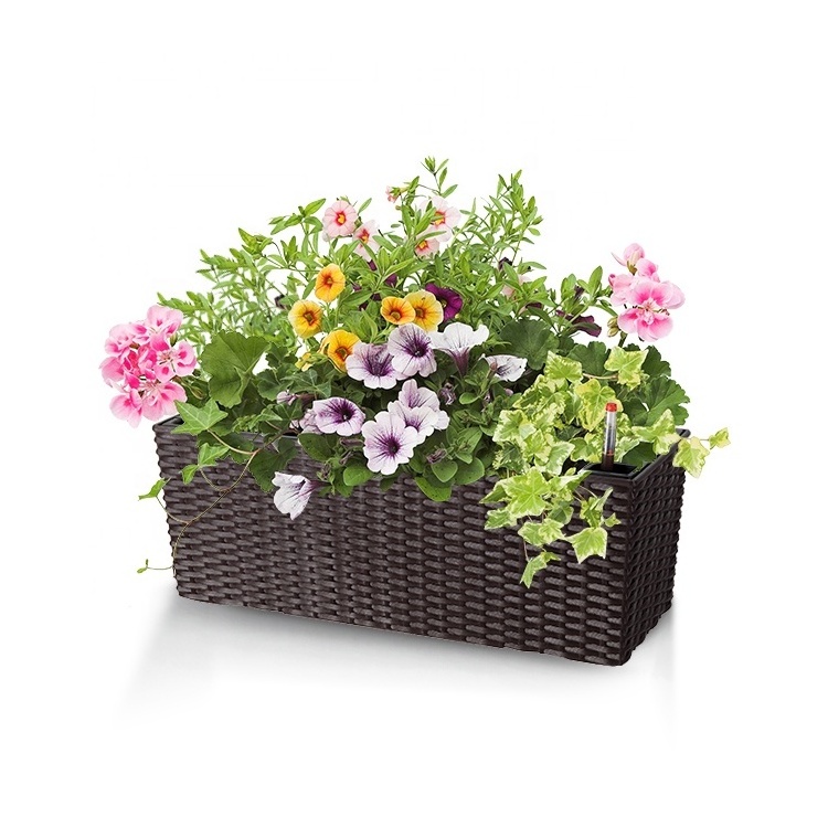 Rattan Self watering outdoor garden plastic rectangle flower pot maceta rectangular window planter box for plants