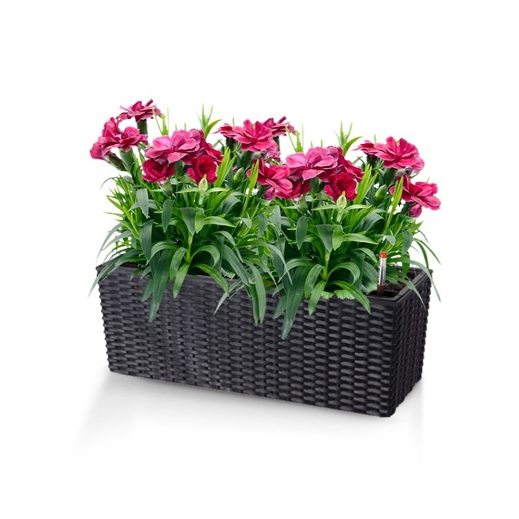 Rattan Self watering outdoor garden plastic rectangle flower pot maceta rectangular window planter box for plants