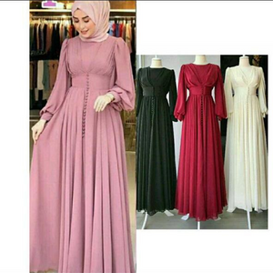 Muslim Dress Arabic Robe Chiffon Solid Color Beading Dress Girdling Abaya