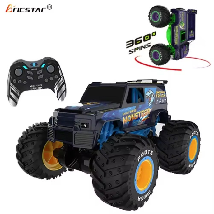 Bricstar Best Selling 1/14 Scale 2.4G Standing Stunt Rc Car Big Flip Stunt Drift 360 Rotating Monster Truck With Spray