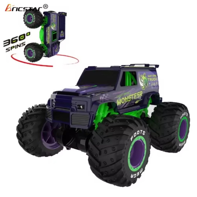 Bricstar Best Selling 1/14 Scale 2.4G Standing Stunt Rc Car Big Flip Stunt Drift 360 Rotating Monster Truck With Spray