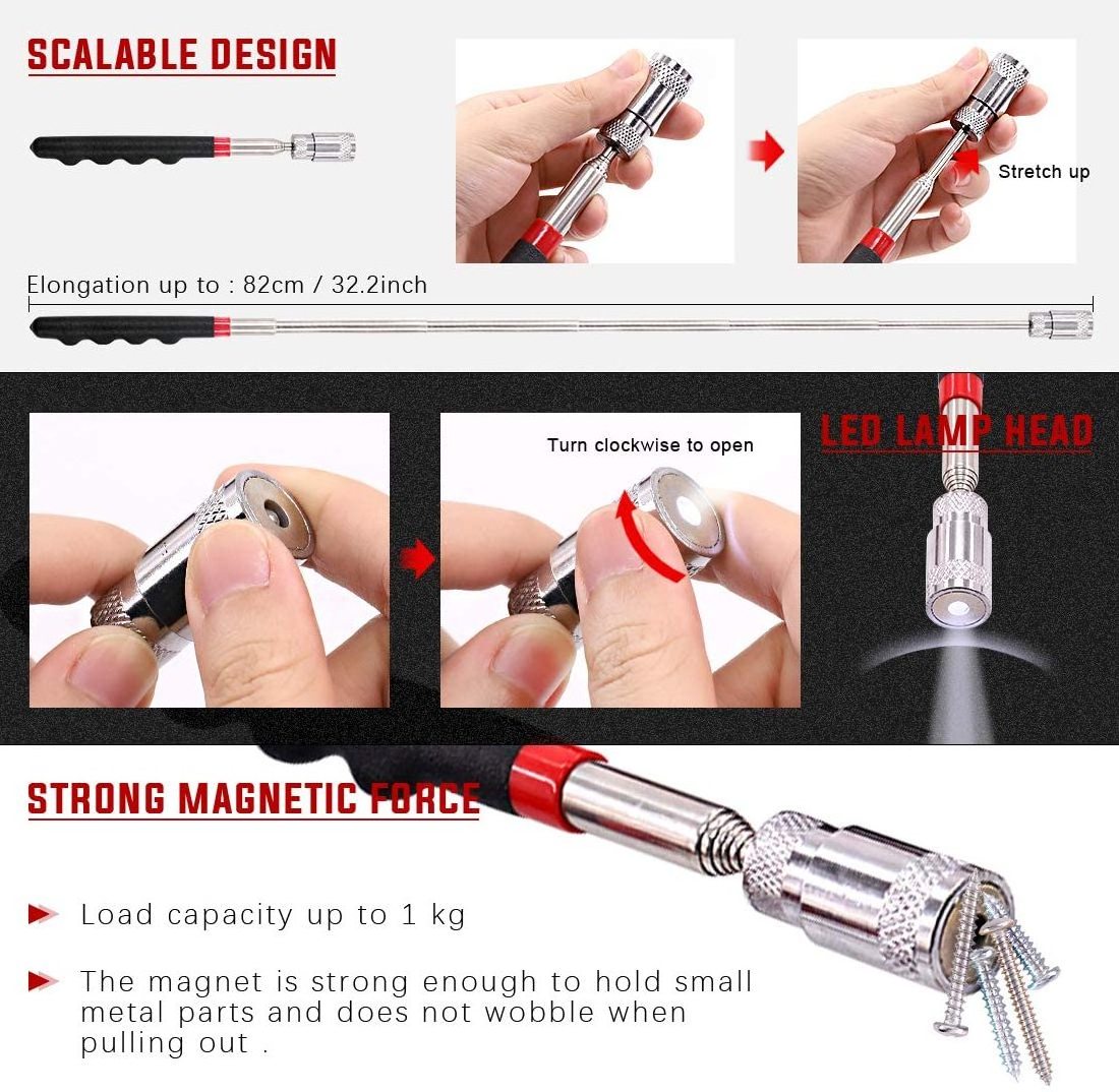 9Pcs Precision Scraper Gasket Scraping Hose Removal Puller Long Hook Set with Magnetic Telescoping Tool Kit