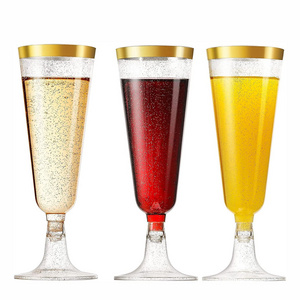 Disposable Unbroken PS Plastic Red Wine Champagne Cup Glasses Martini Goblet Margarita Cocktail Glass Flute WIth Glod Rim