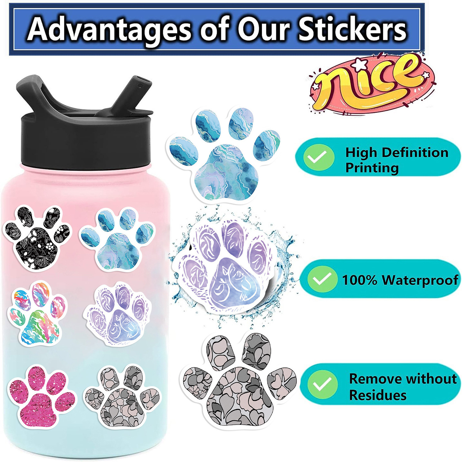 50PCS Fashional Boho style colorful floral footprints animals dog paws print decals