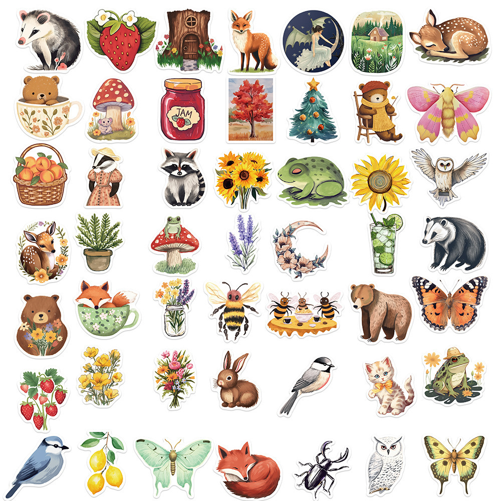 50PCS Mysterious forest aesthetic flower plant decals for kids bedroom nursery cartoon animals sticker