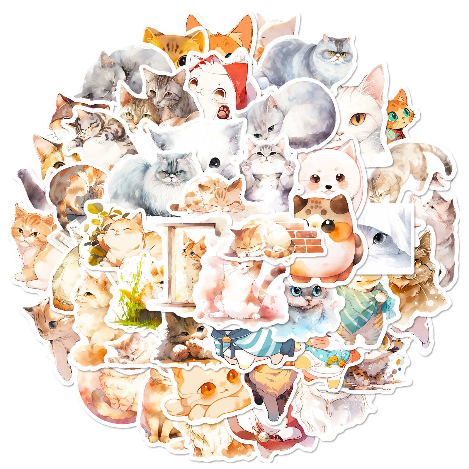 50Pcs Original Watercolor Cat Decal Graffiti Stickers For Wall Bottle Phone Vinyl Cute Cartoon Kitten Sticker