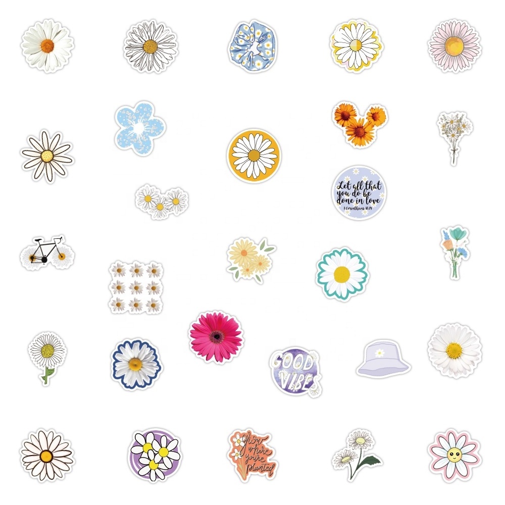 50Pcs Chrysanthemum Daisy Flowers Fresh Plants Sticker Girl For Student Notebook Diary Diy Decorative Graffiti Stickers