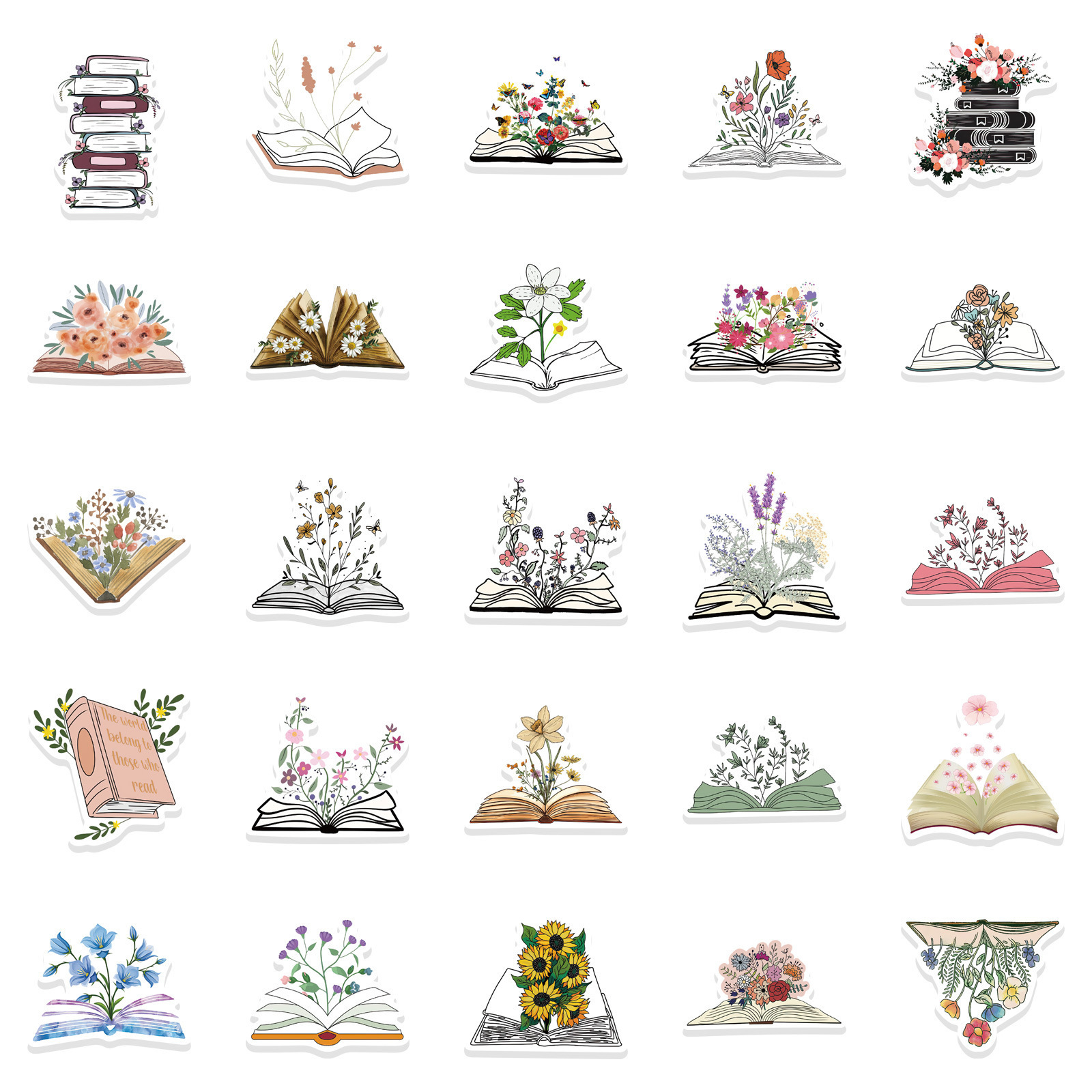 50Pcs Cartoon VSCO Book Flowers Decorative Stickers For Notebook Wall Student Waterproof PVC Floral Sticker