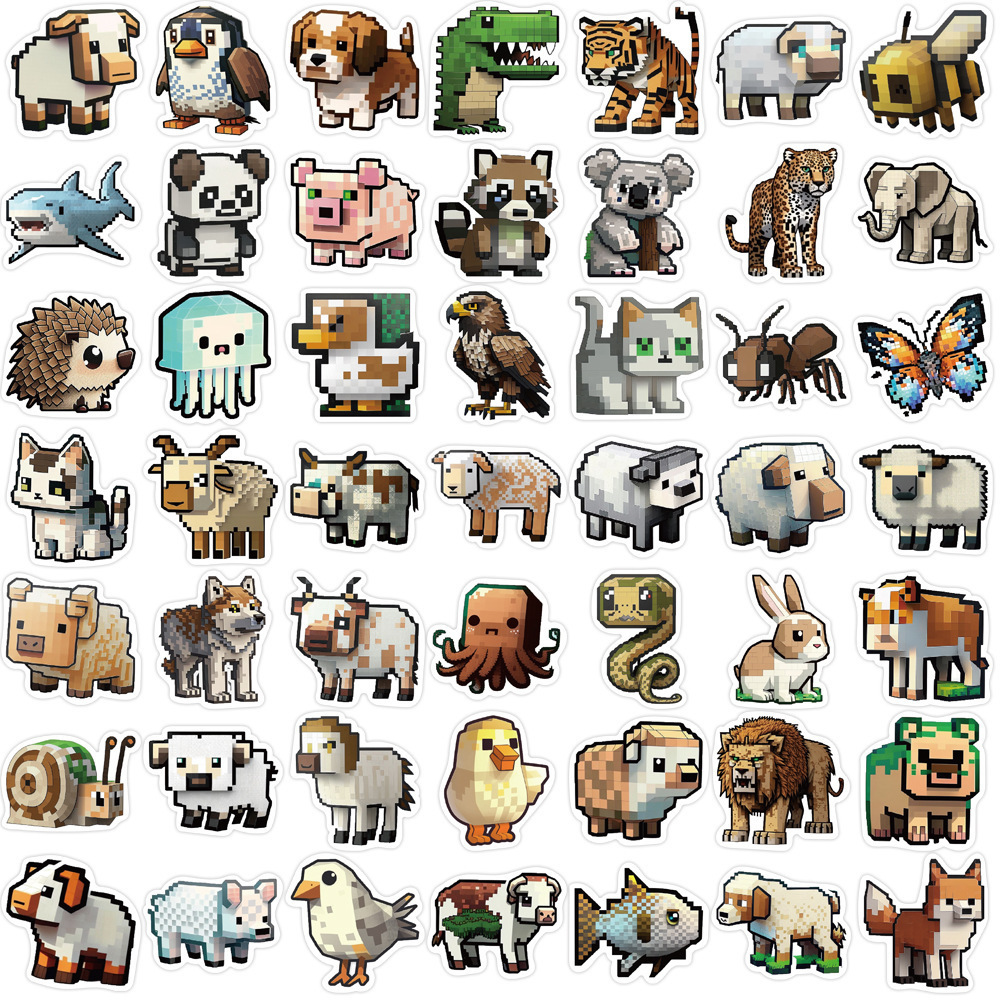 50Pcs Cartoon Pixel Animals My World Game Graffiti Stickers For Kid Notebook Wall Vinyl Block Animal Sticker