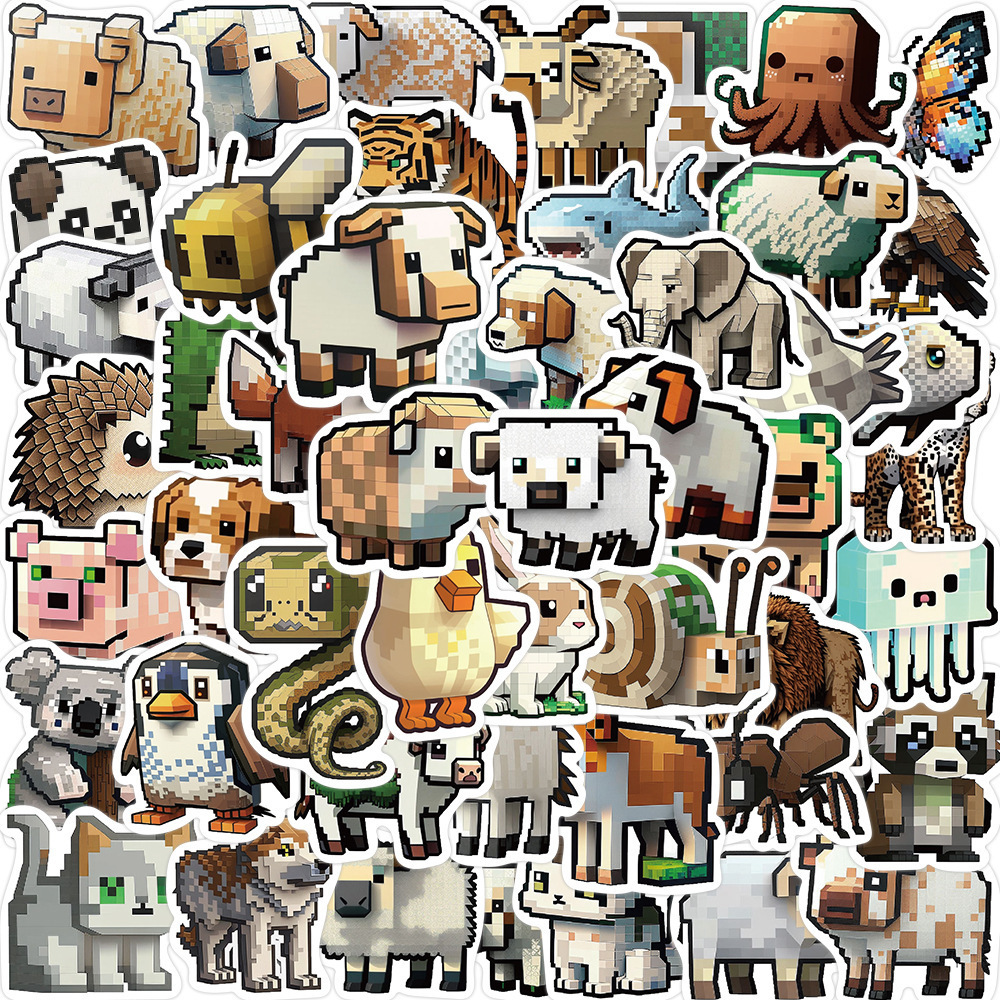 50Pcs Cartoon Pixel Animals My World Game Graffiti Stickers For Kid Notebook Wall Vinyl Block Animal Sticker