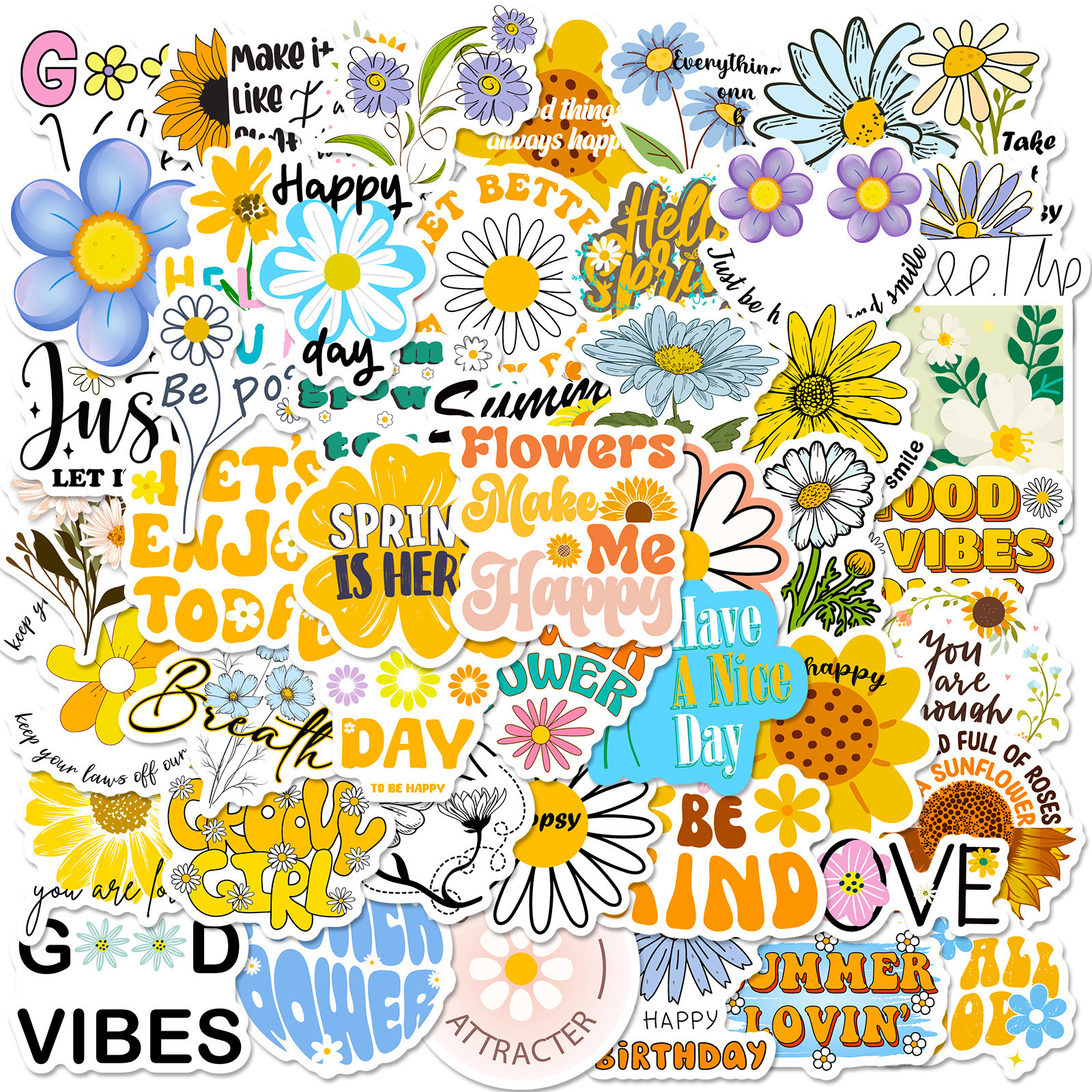 50Pcs New VSCO Sunflower Word Graffiti Stickers For Girl Book Scrapbook Decor Vinyl Little Daisy Good Vibe Sticker