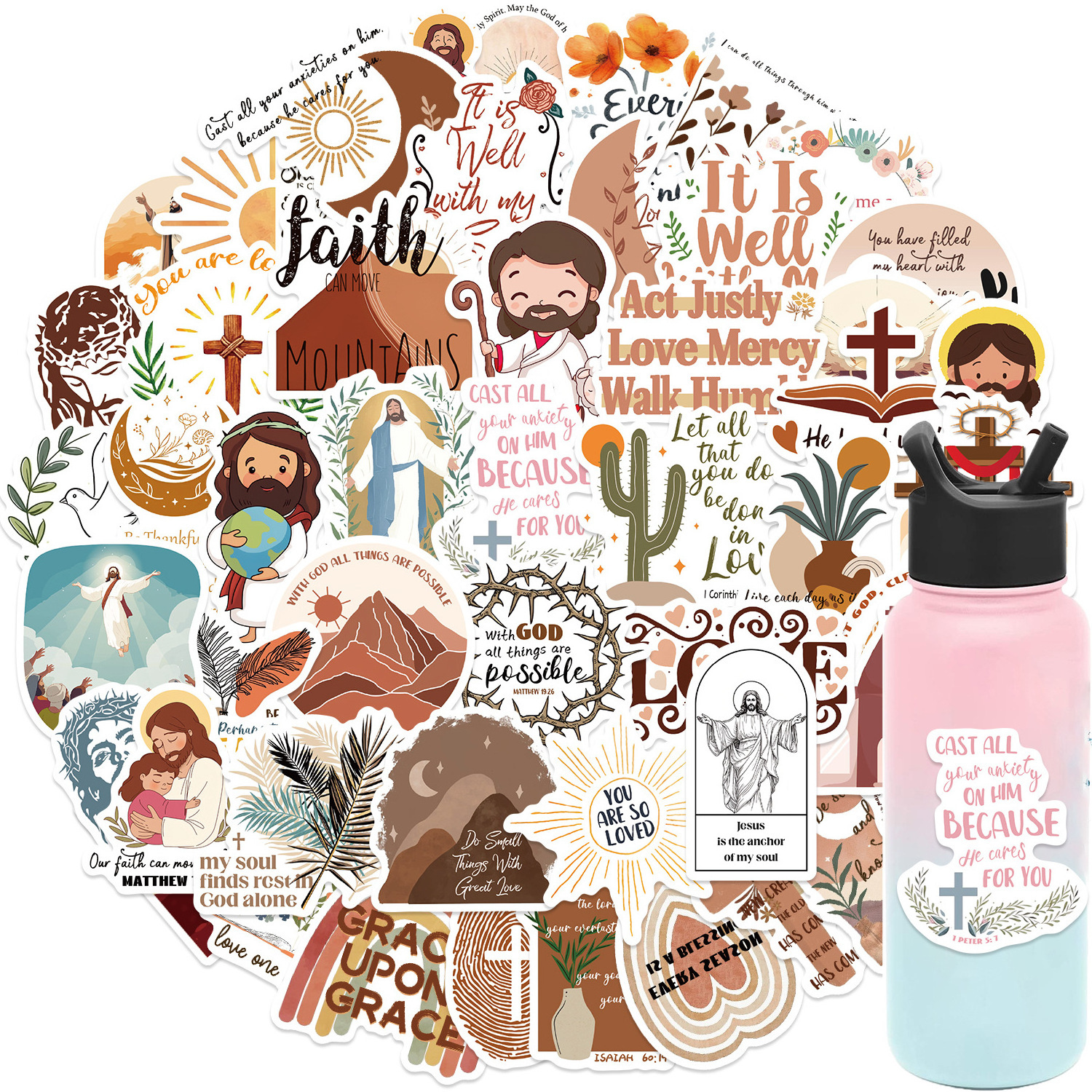 50Pcs Cartoon God Father Jesus Graffiti Stickers For Bottle Luggage Wall Decor Vinyl Christian Bible Quote Sticker