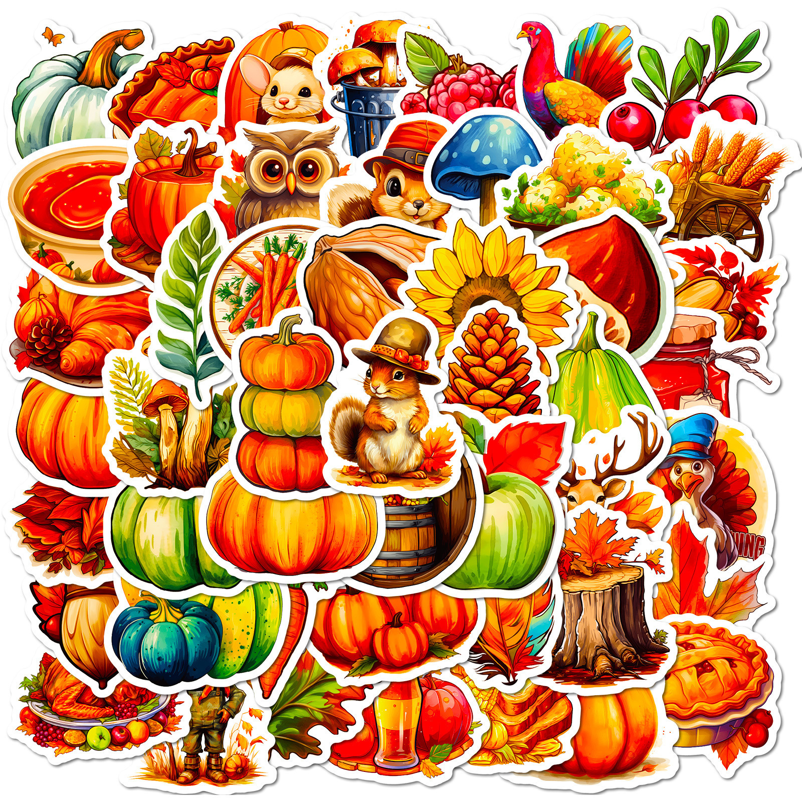 50pcs cartoon turkey decals fall autumn maple leaves pumpkin happy thanksgiving sticker