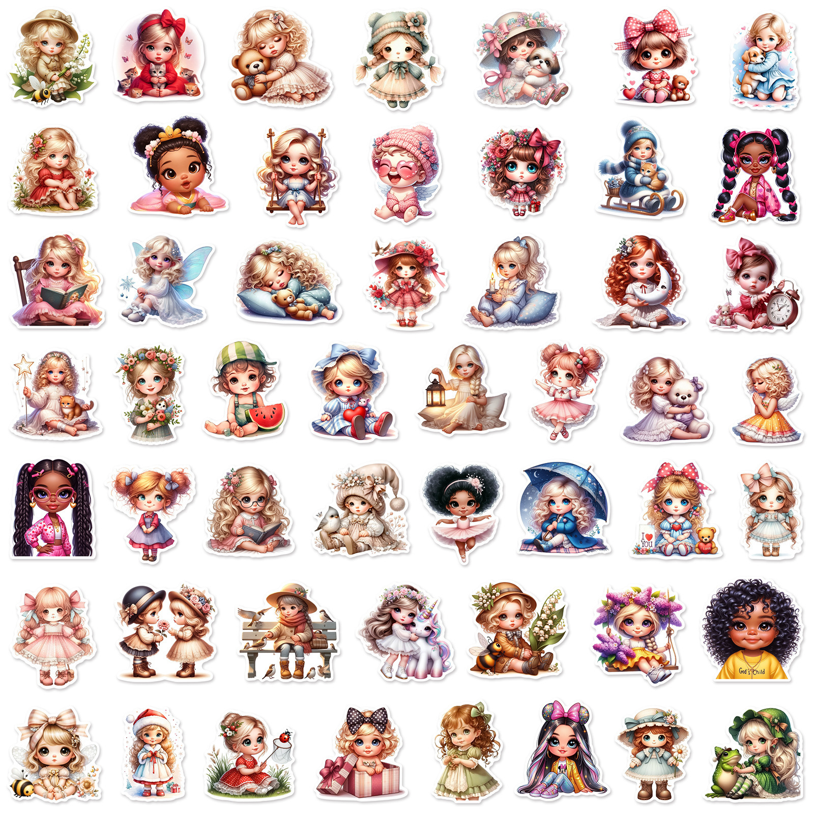 50Pcs Cartoon Little Girl Dolls Graffiti Stickers For Children Home Wall Bedroom Decor Cute Princess Sticker