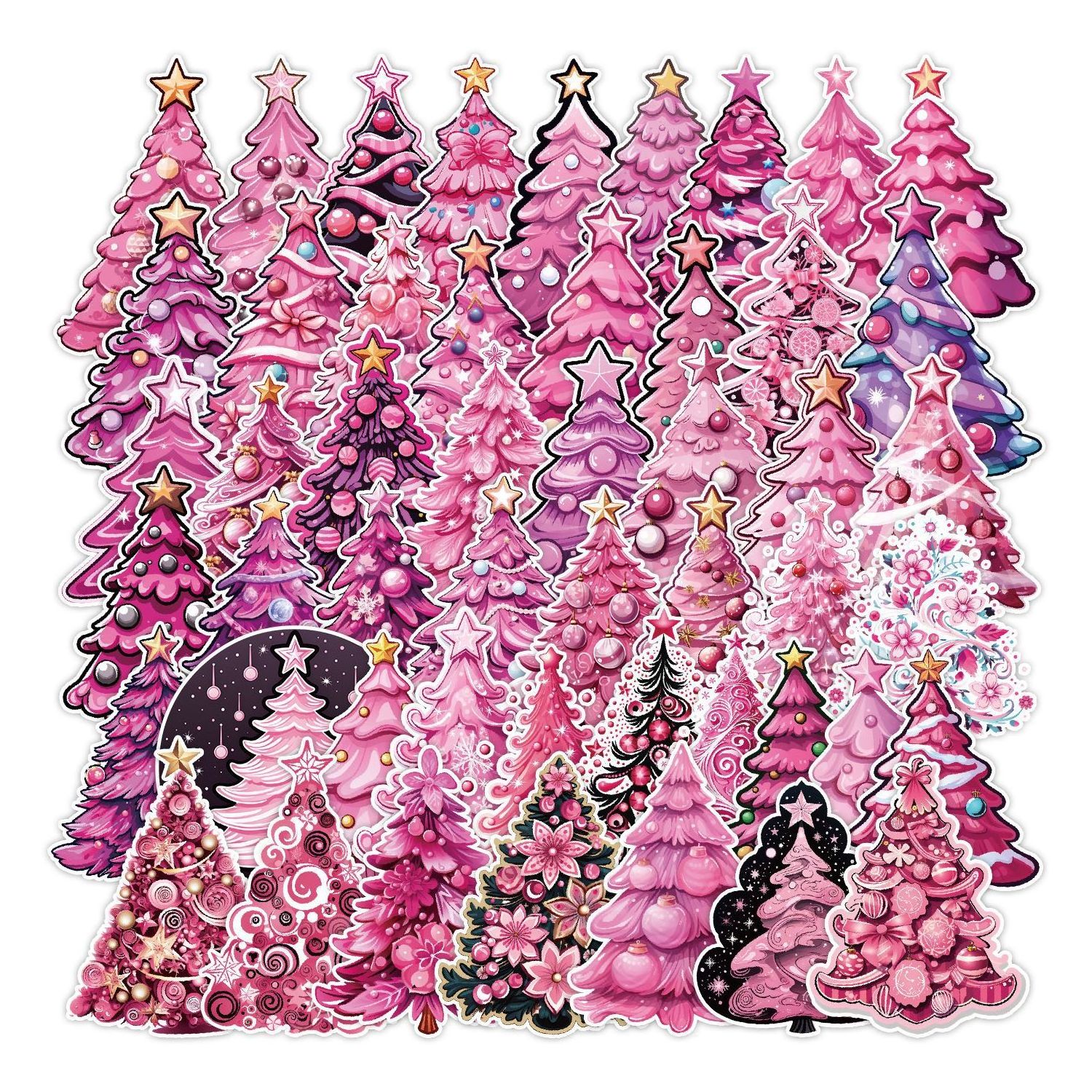 Newly 50PCS not repeat dreamlike girly Christmas decorative aesthetic cartoon pink xMas tree sticker