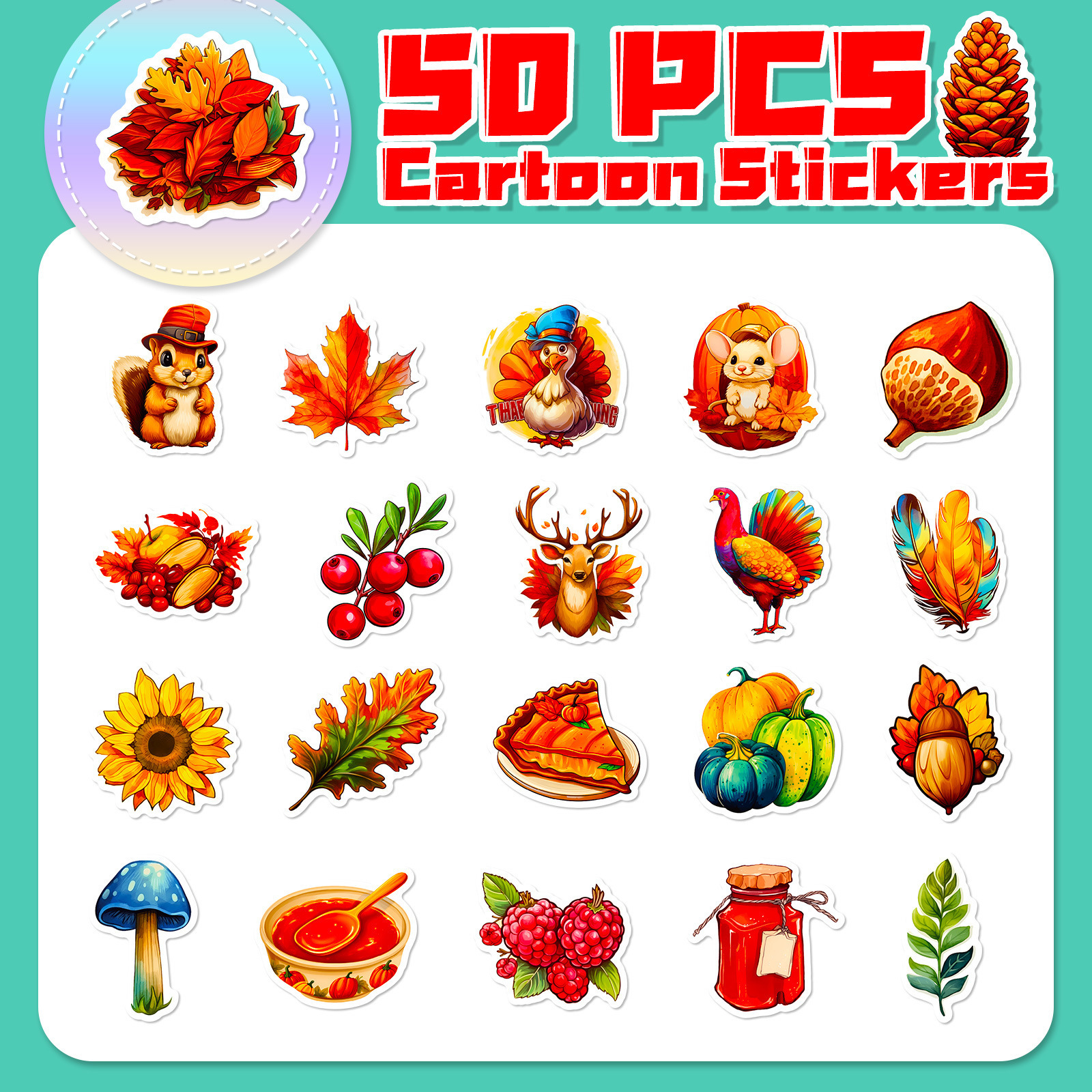 50pcs cartoon turkey decals fall autumn maple leaves pumpkin happy thanksgiving sticker