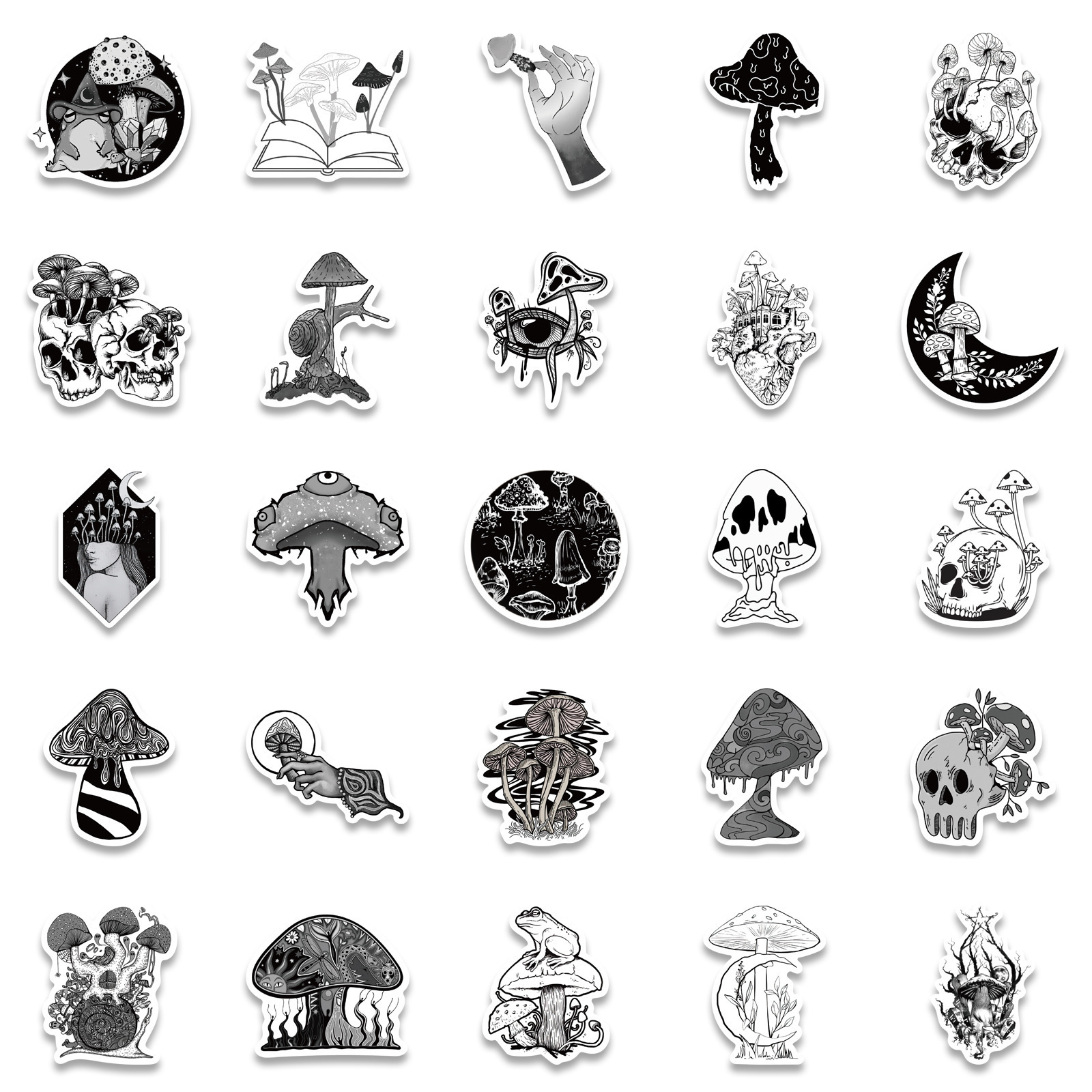 50PCS Gothic black and white magic mushrooms decor vinyl sticker for luggage notebook guitar mushroom cat tree sticker