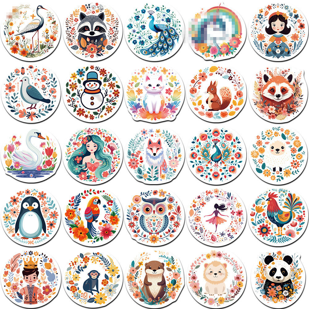 2024 New 50PCS BOHO style aesthetic cute animals seal decals waterproof round cartoon stickers