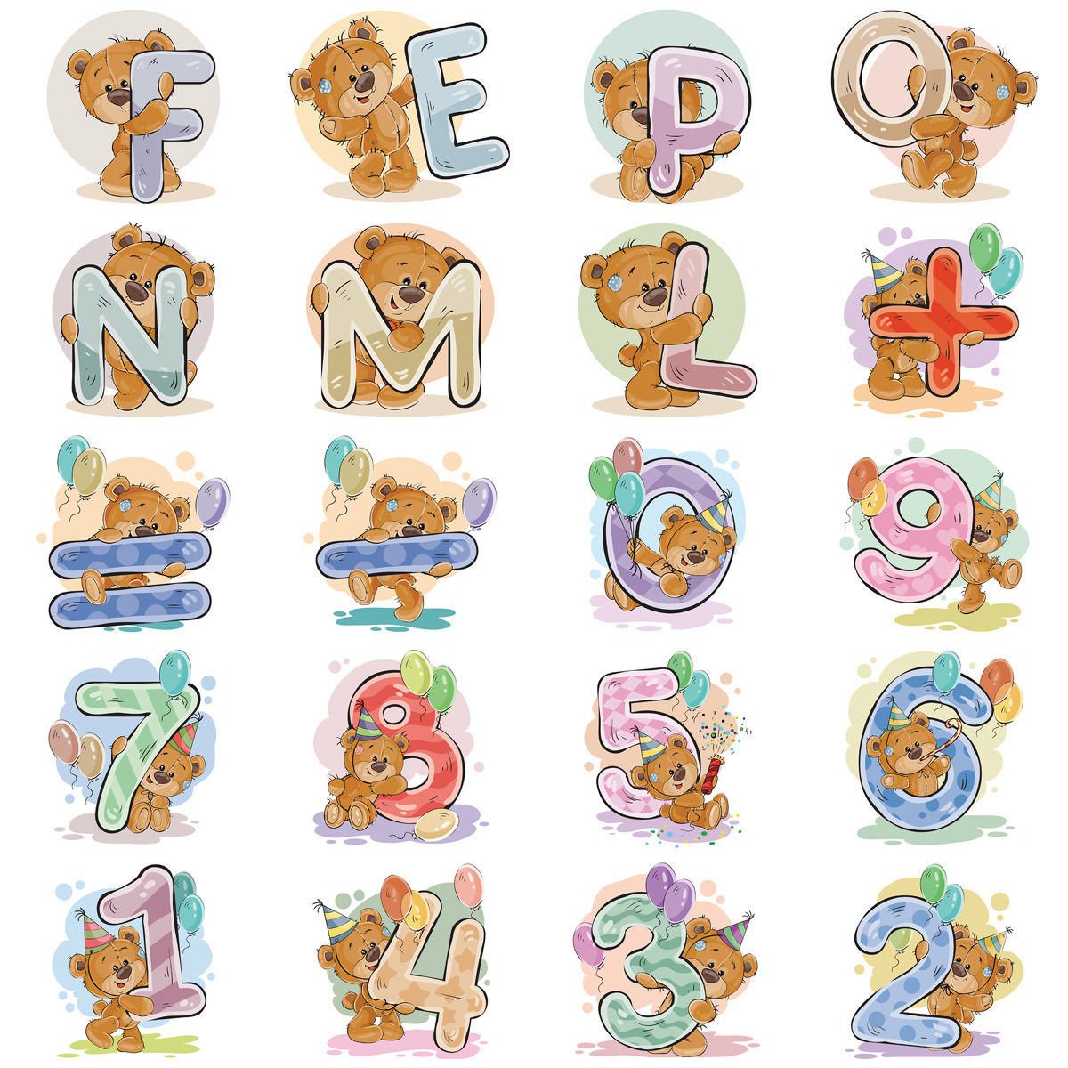 2023 Newly 39PCS Cute funny bear number letter self adhesive decals for kids educational cartoon alphabet sticker