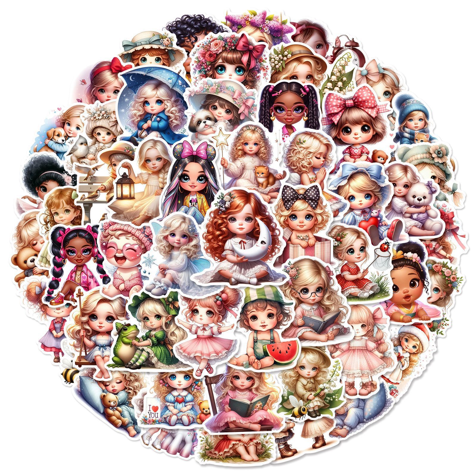 50Pcs Cartoon Little Girl Dolls Graffiti Stickers For Children Home Wall Bedroom Decor Cute Princess Sticker